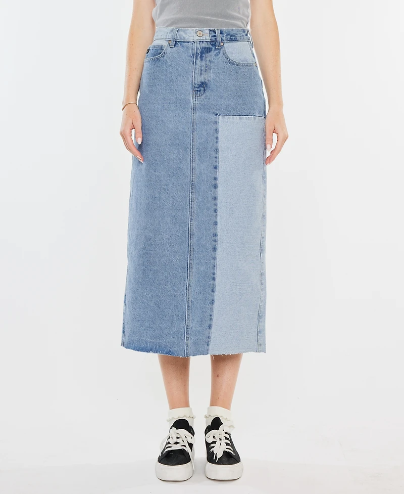 Kancan Women's Two-Toned Color Block Denim Midi Skirt