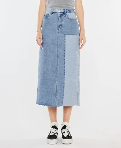 Kancan Women's Two-Toned Color Block Denim Midi Skirt