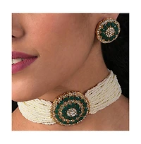 Sohi Women's Green Stone Beaded Necklace And Earrings (Set Of 2)