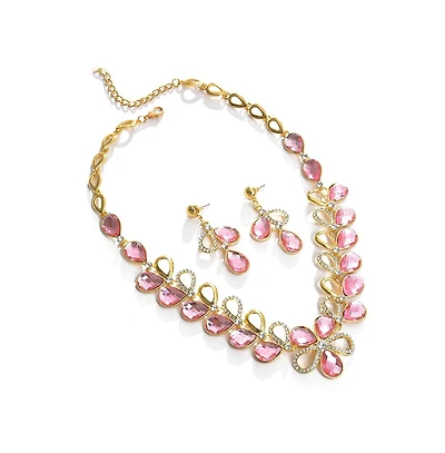 Sohi Women's Pink Stone Teardrop Necklace And Earrings (Set Of 2)
