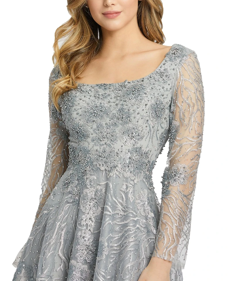 Women's Jewel Encrusted Long Sleeve Square Neck Gown