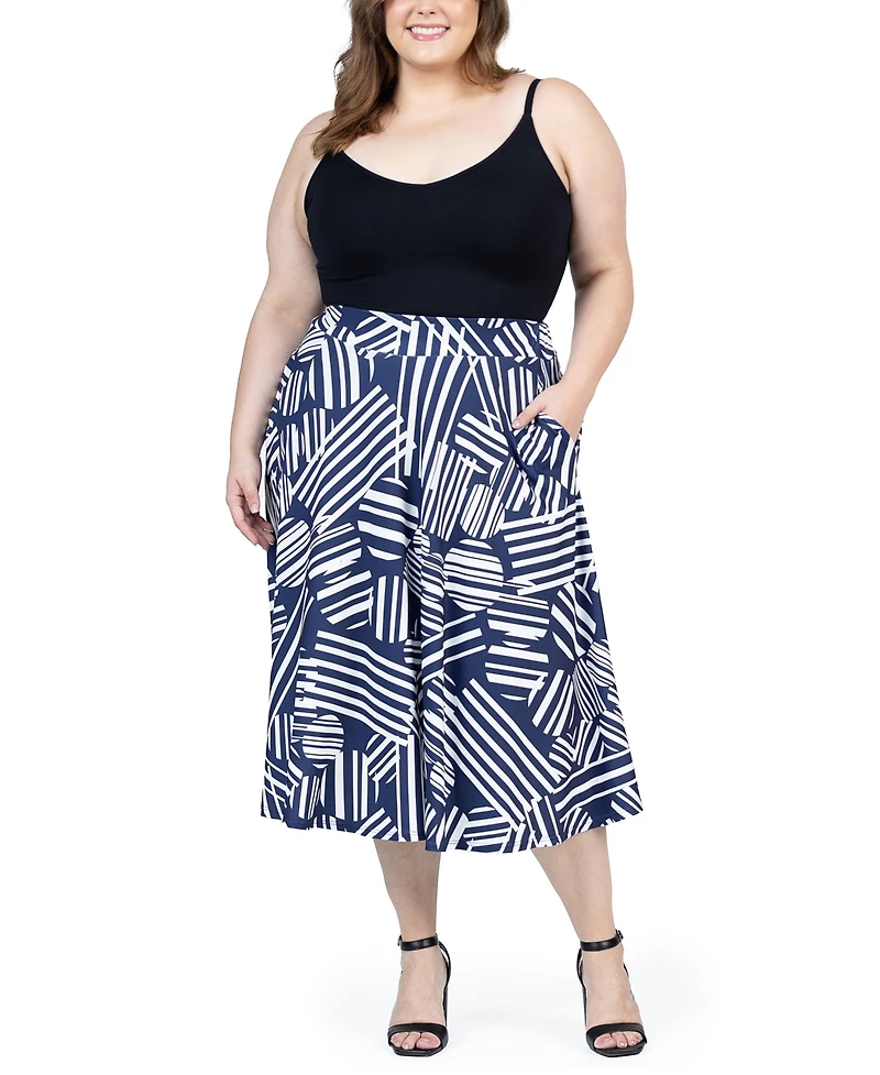 24seven Comfort Apparel Plus Pleated Print Midi Skirt with Pockets