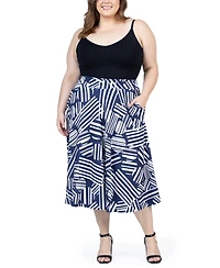 24seven Comfort Apparel Plus Pleated Print Midi Skirt with Pockets