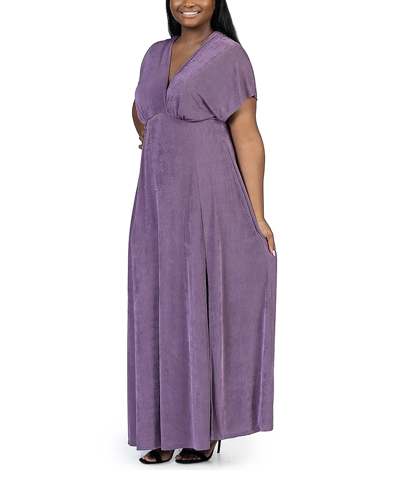 24seven Comfort Apparel Plus Size Front Slit Empire Waist Maxi Dress
