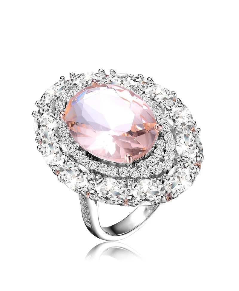 Sterling Silver with White Gold Plated Pink Oval Clear Round Cubic Zirconia Halo Ring