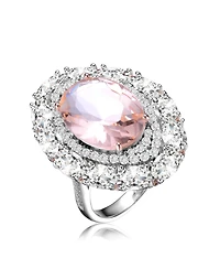 Sterling Silver with White Gold Plated Pink Oval Clear Round Cubic Zirconia Halo Ring