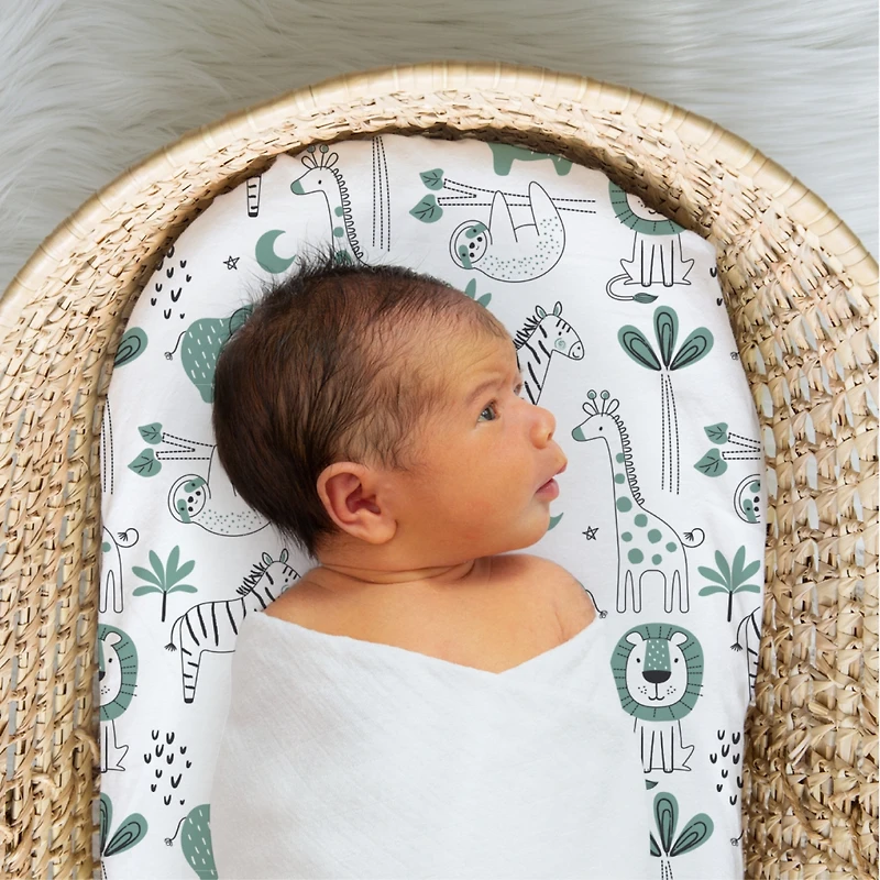 The Peanutshell Green Safari Bassinet Sheets for Newborn Baby Girl or Baby Boy, 4 Pack Set