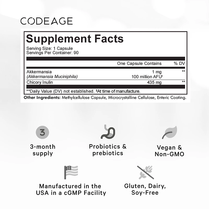 Codeage Akkermansia Muciniphila Probiotic Supplement - 3-Month Supply of Akkermansia Probiotic & Chicory Inulin