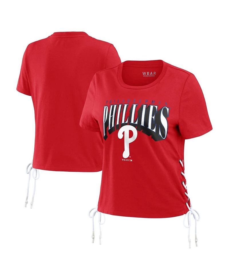 Women's Wear by Erin Andrews Red Philadelphia Phillies Side Lace-Up Cropped T-shirt