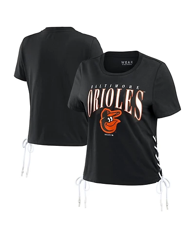 Women's Wear by Erin Andrews Black Baltimore Orioles Side Lace-Up Cropped T-shirt