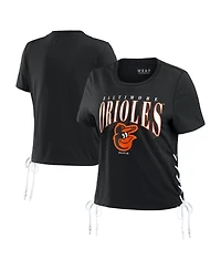 Women's Wear by Erin Andrews Black Baltimore Orioles Side Lace-Up Cropped T-shirt