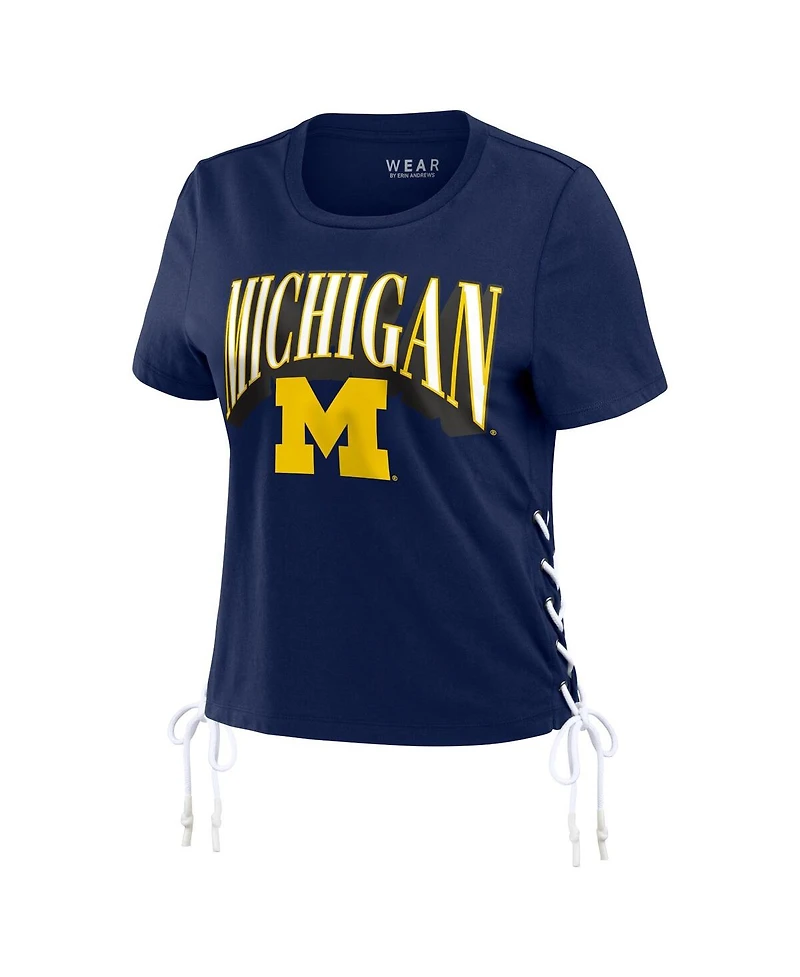 Women's Wear by Erin Andrews Navy Michigan Wolverines Side Lace-Up Modest Crop T-shirt