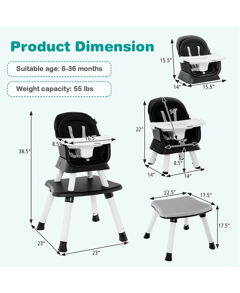 Costway Toddler 8-in-1 High Chair Convertible Dining Booster Seat w/ Removable Tray