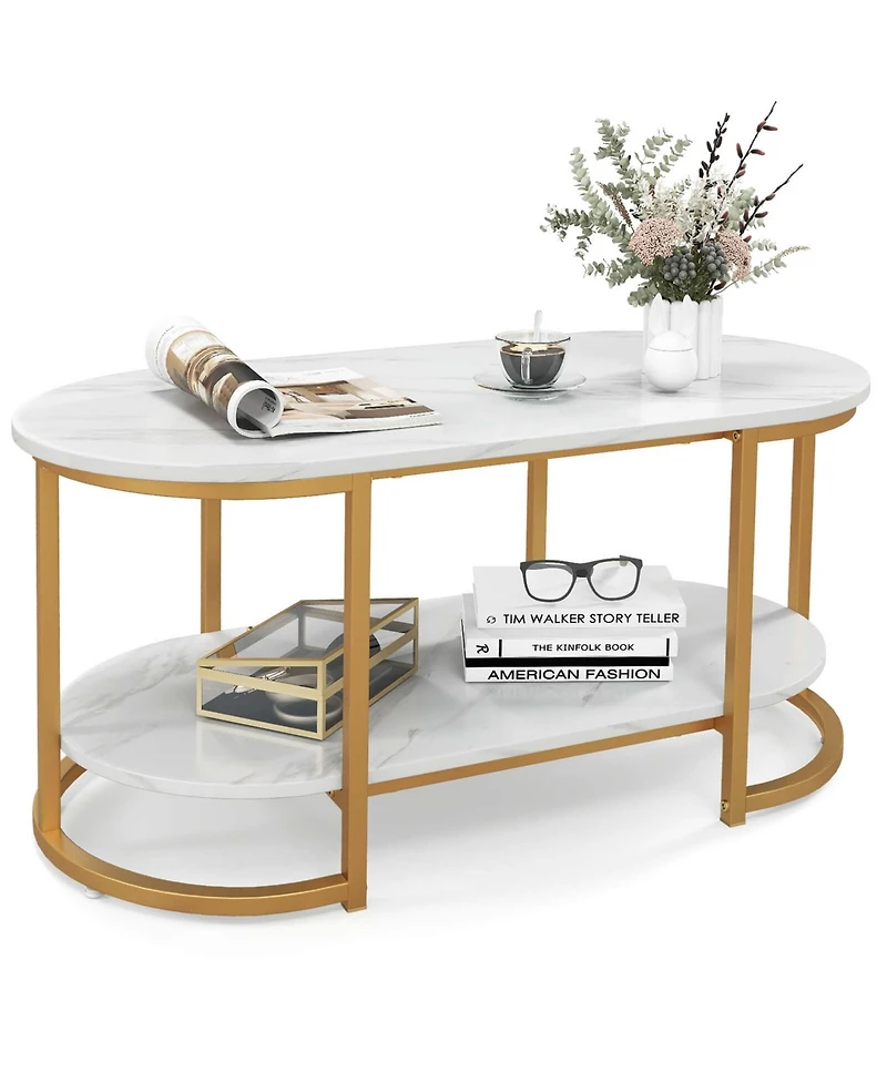 White Marble Coffee Table Modern 2-Tier Center Table with Open Storage Shelf