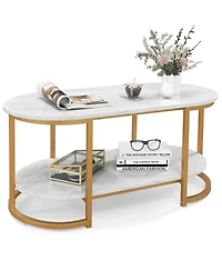 White Marble Coffee Table Modern 2-Tier Center Table with Open Storage Shelf
