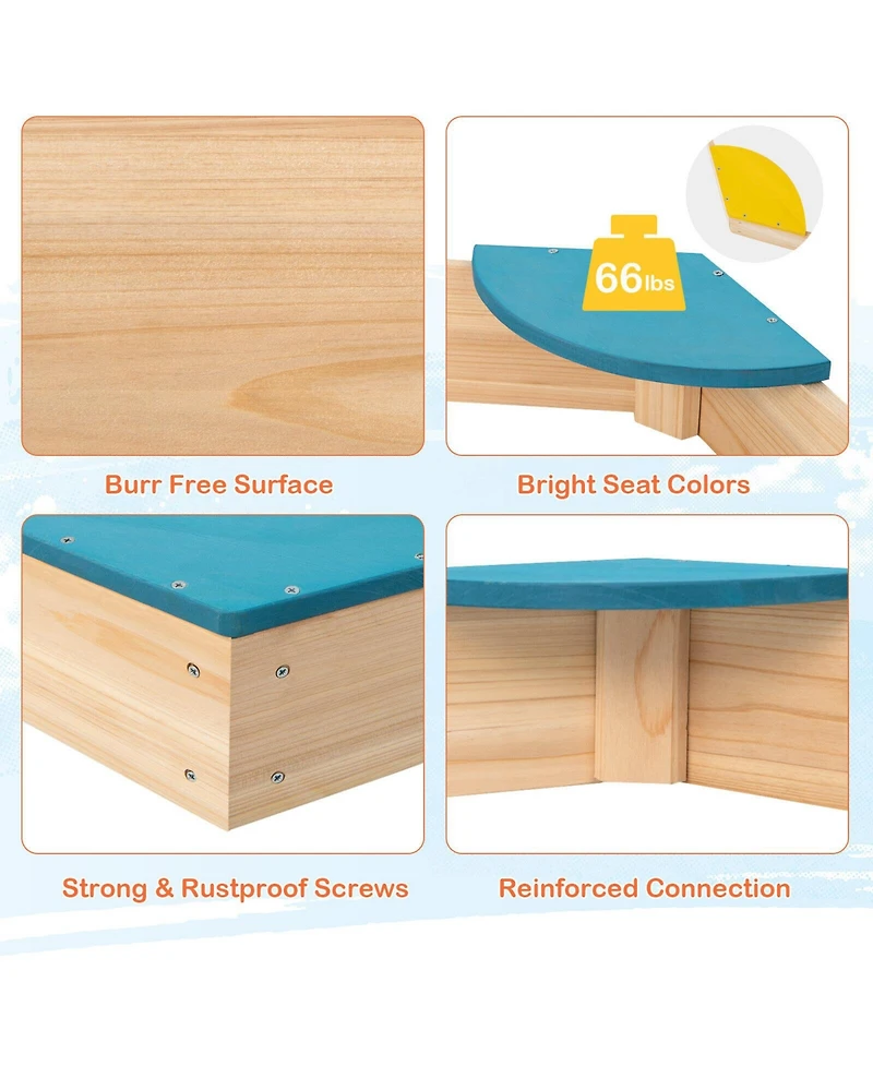 Sugift Outdoor Solid Wood Sandbox with 6 Built-in Fan-shaped Seats