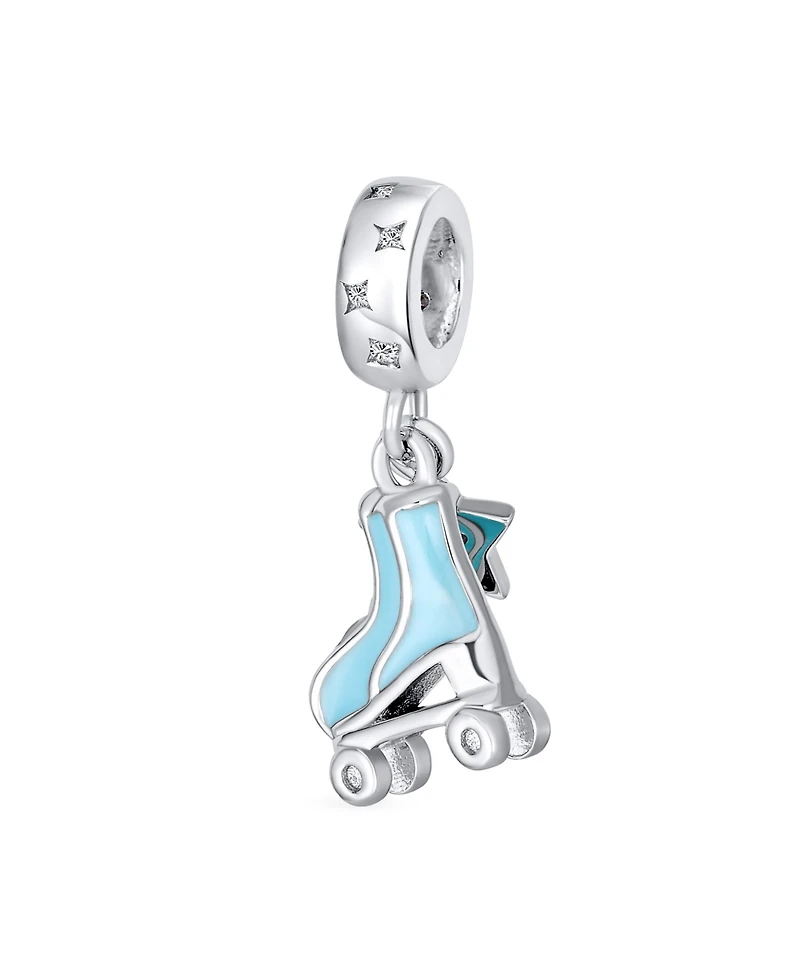 Bling Jewelry Sport Roller Rink Star Dangling Blue Roller Skates Bead Fits European Charm Bracelet Enamel Sterling Silver