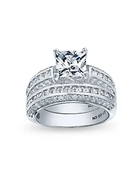Bling Jewelry 3CT Art Deco Style Square Princess Cut Solitaire Clear Cz Promise Ring Set Sterling Silver