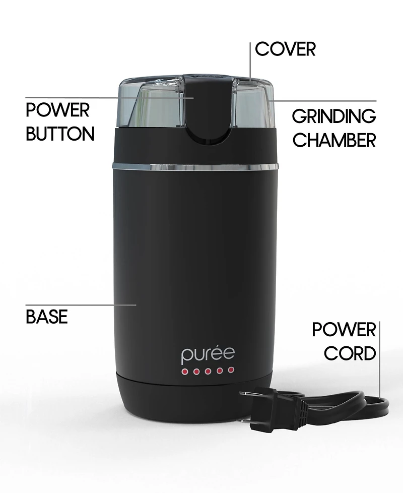 Tzumi Puree Electric Coffee Grinder, One-Touch Spice, Herb, and Bean Grinder with Stainless Steel Blades