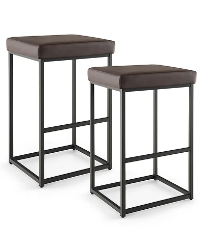 30" Barstools Set of 2 Upholstered Bar Height Chairs Pu Leather w/Footrest