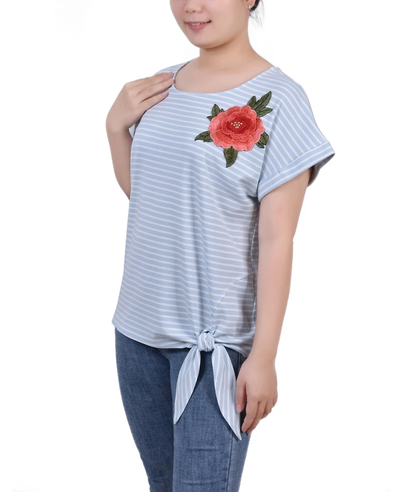 Ny Collection Women's Short Sleeve Embroidered Tie Front Top