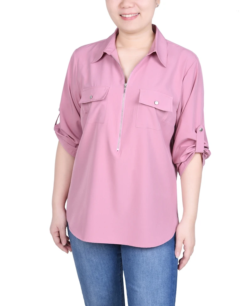 Ny Collection Women's 3/4 Roll Tab Sleeve Zip Front Top