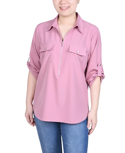Ny Collection Women's 3/4 Roll Tab Sleeve Zip Front Top