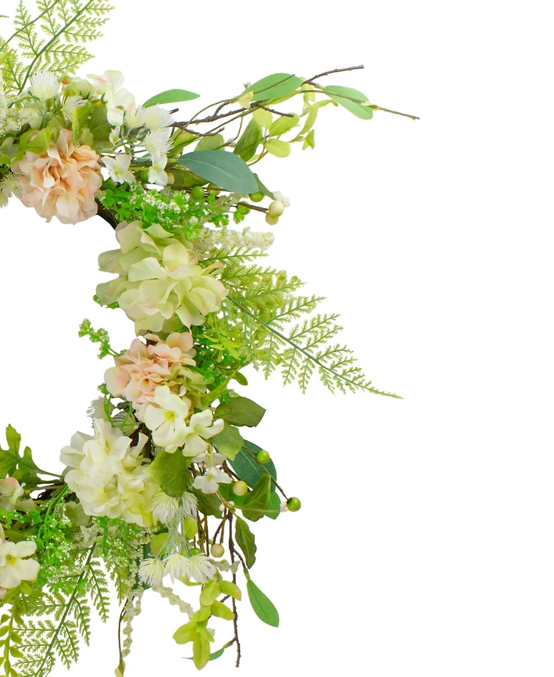 Northlight Hydrangea and Fern Spring Floral Berry Wreath, 28"