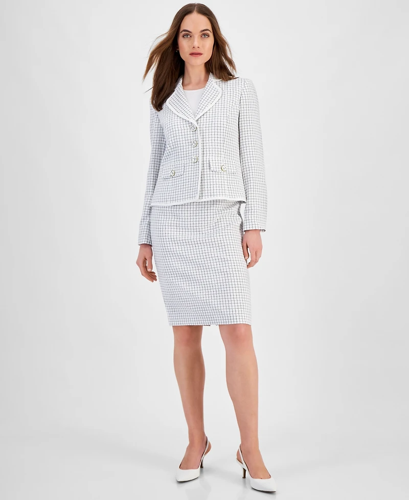 Le Suit Women's Check Print Contrast Trim Skirt Suit Set, Regular and Petite Sizes