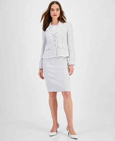 Le Suit Women's Check Print Contrast Trim Skirt Suit Set, Regular and Petite Sizes
