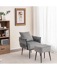 Modern Dutch Velvet Accent Chair and Ottoman Set with Weaved Back and Arms