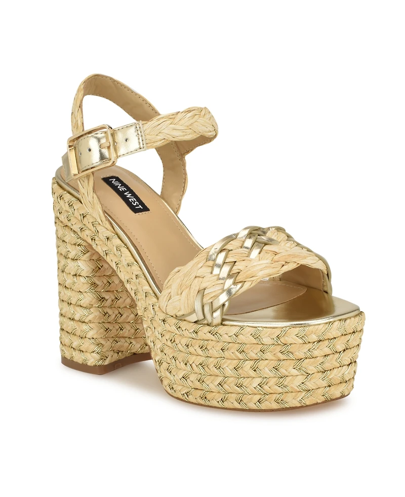 Nine West Women's Jolane Block Heel Round Toe Dress Sandals - Light Natural, Gold