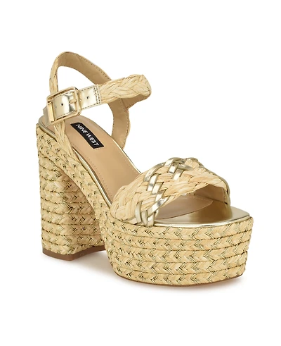 Nine West Women's Jolane Block Heel Round Toe Dress Sandals - Light Natural, Gold