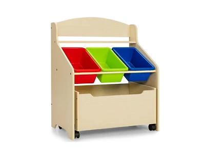 Kids Wooden Toy Storage Unit Organizer with Rolling Toy Box and Plastic Bins