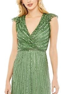 Mac Duggal Women's Sequined Wrap Over Cap Sleeve Ruffle Hem Dress