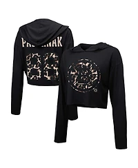 Women's Majestic Threads David Pastrnak Black Boston Bruins Leopard Print Name and Number Cropped Pullover Hoodie