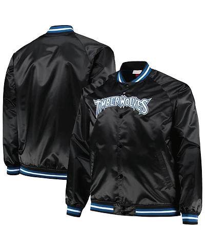 Men's Mitchell & Ness Black Minnesota Timberwolves Big and Tall Hardwood Classics Wordmark Satin Raglan Full-Zip Jacket