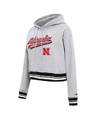 Women's Pro Standard Heather Gray Nebraska Huskers Script Tail Fleece Cropped Pullover Hoodie