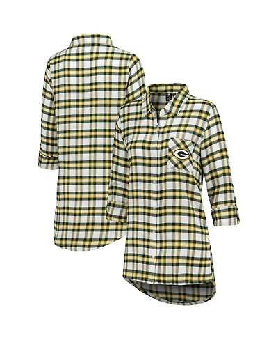 Women's Concepts Sport Green Bay Packers Sienna Plaid Full-Button Long Sleeve Nightshirt