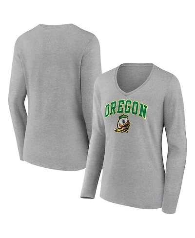 Women's Fanatics Heather Gray Oregon Ducks Evergreen Campus Long Sleeve V-Neck T-shirt