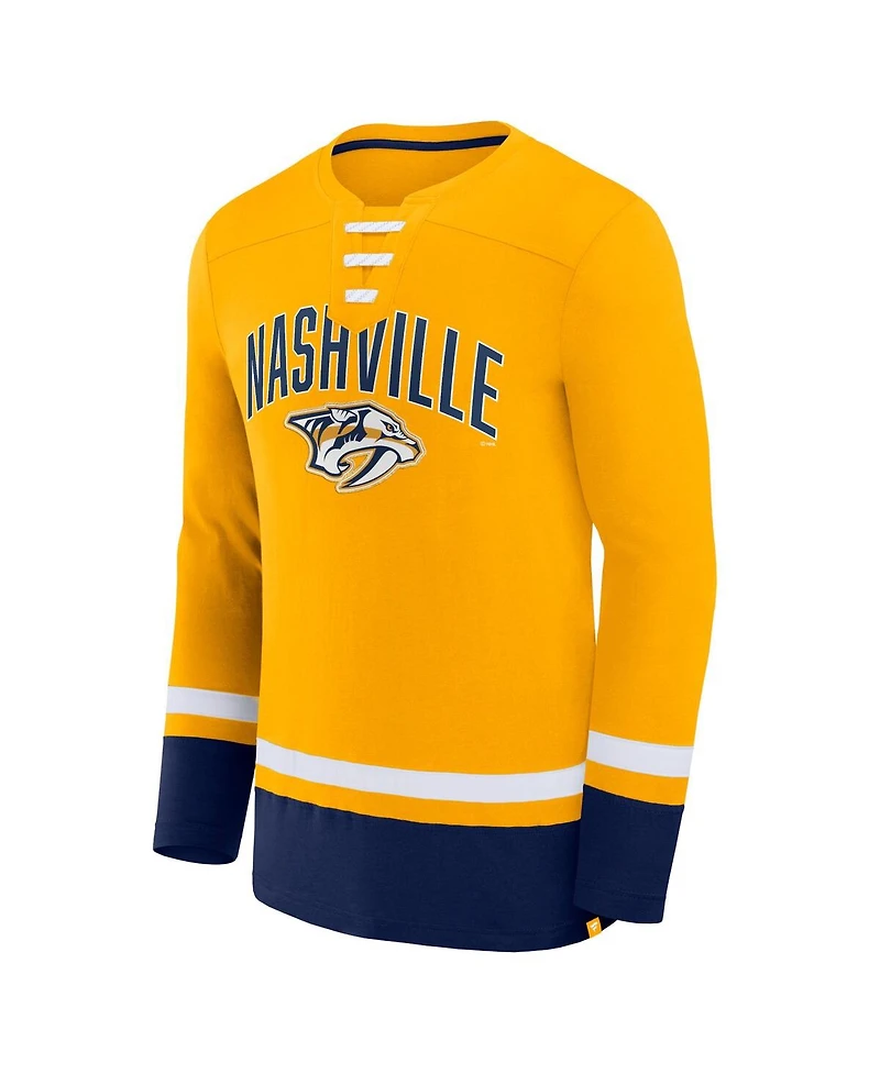 Men's Fanatics Gold Nashville Predators Back Pass Lace-Up Long Sleeve T-shirt