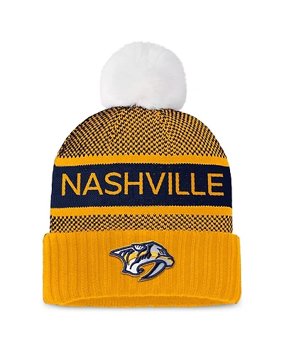 Women's Fanatics Gold, Navy Nashville Predators Authentic Pro Rink Cuffed Knit Hat with Pom