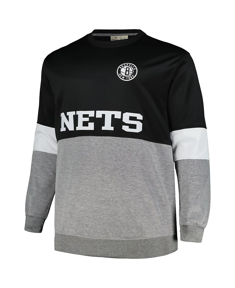 Men's Fanatics Black, Heather Gray Brooklyn Nets Big and Tall Split Pullover Sweatshirt