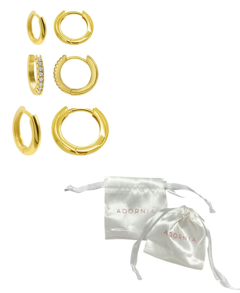 Adornia 14K Gold Plated 3-Huggie Hoop Earrings Set with 1-Crystal Hoop