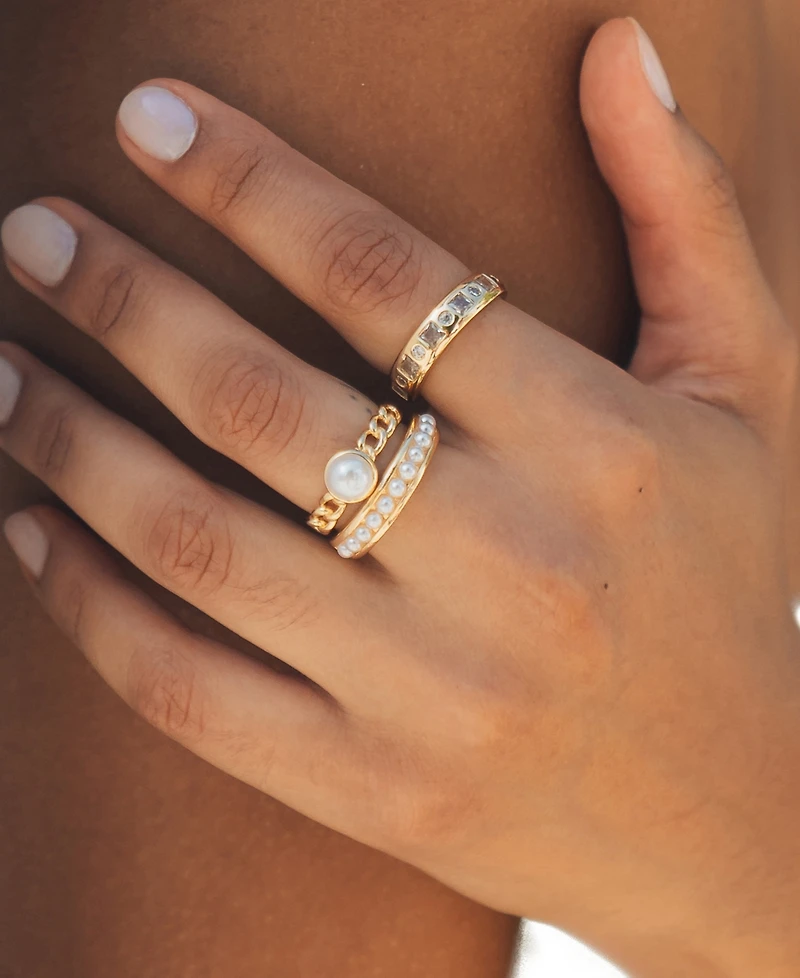 Sterling Forever Cubic Zirconia Genuine Shell Pearl Kimber Stacking 3 Piece Ring Set