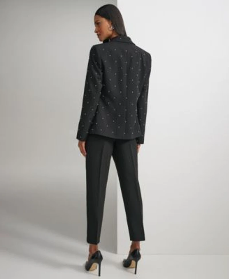 Karl Lagerfeld Womens Bead Embellished Single Button Blazer Contrast Trim Scalloped Cuff Blouse Slim Leg Ankle Pants