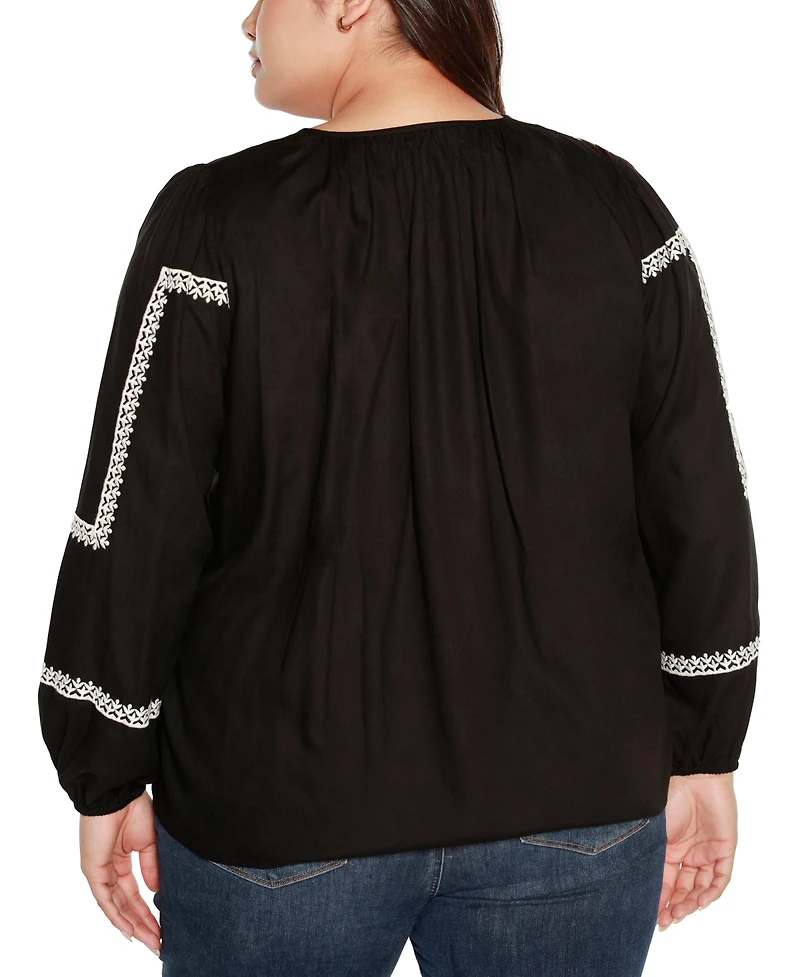 Belldini Black Label Plus Embroidered Blouson Tie Neck Top