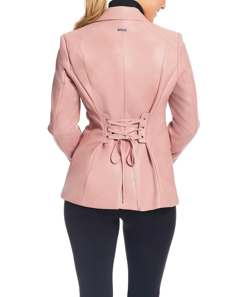 Sanctuary Women's Faux Leather Single-Breasted Blazer Jacket with Corset Back