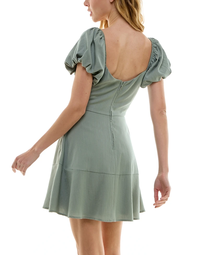 Trixxi Juniors' Twist-Front Puff-Sleeve Fit & Flare Dress