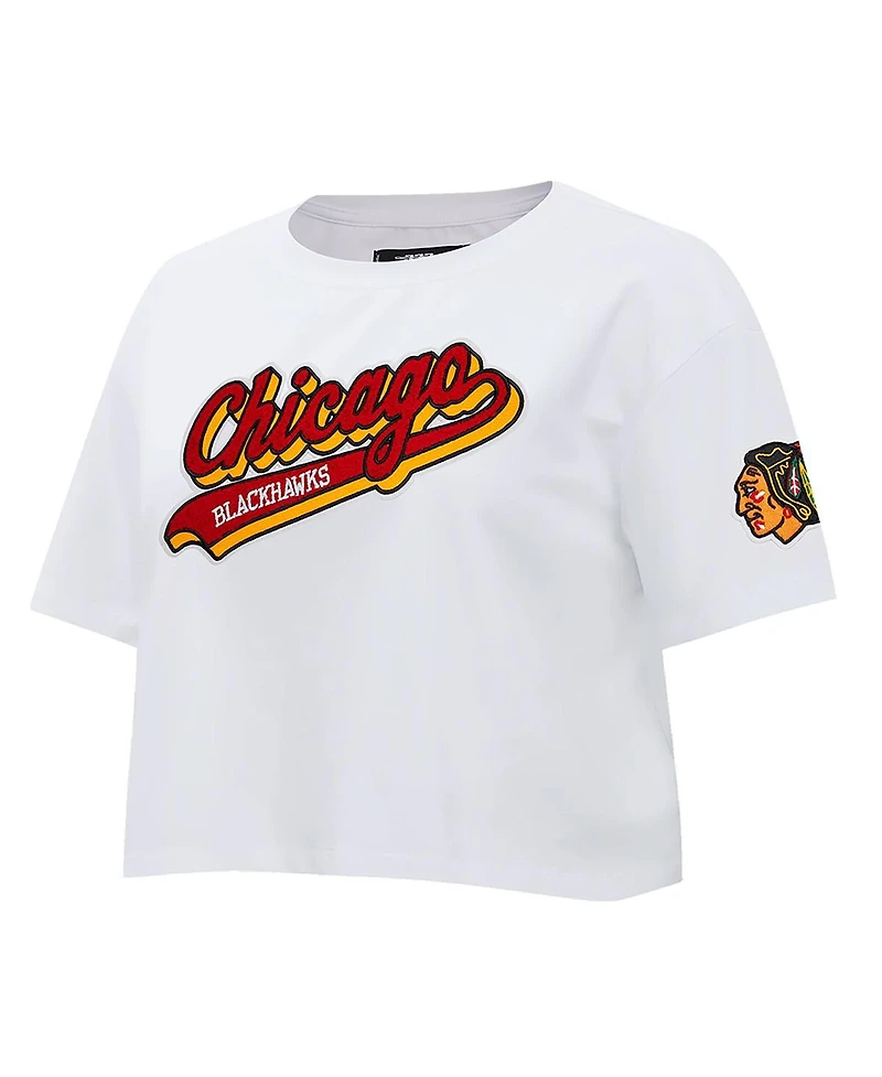 Women's Pro Standard White Chicago Blackhawks Boxy Script Tail Cropped T-shirt